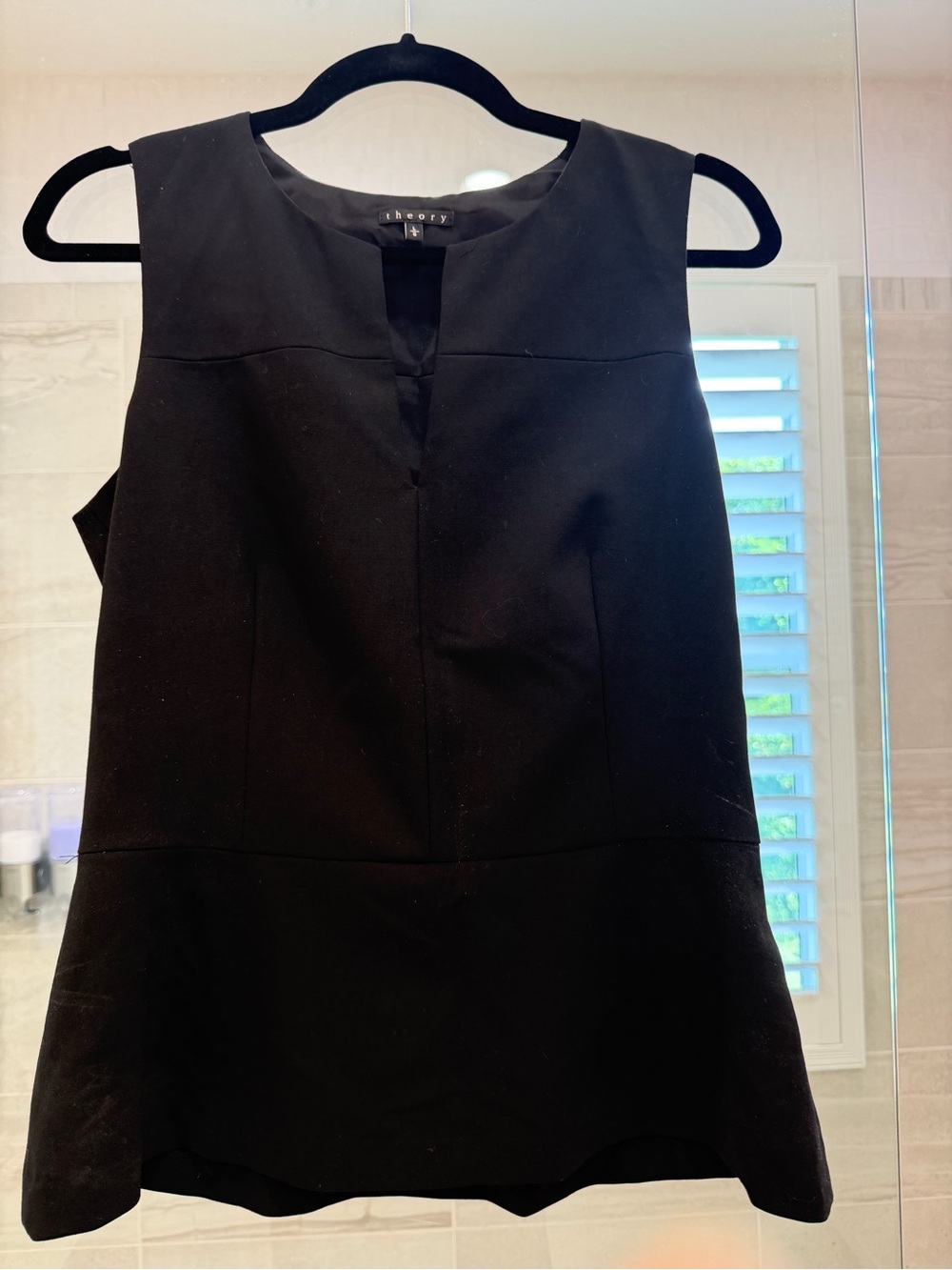 Theory Black Peplum Sleeveless Shift Top with Front Notch and side zip